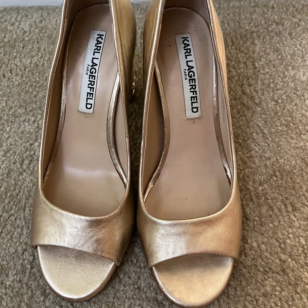 Karl Lagerfeld Gold Leather Open Toe Shoe with Pearl Accent Heals Size 6